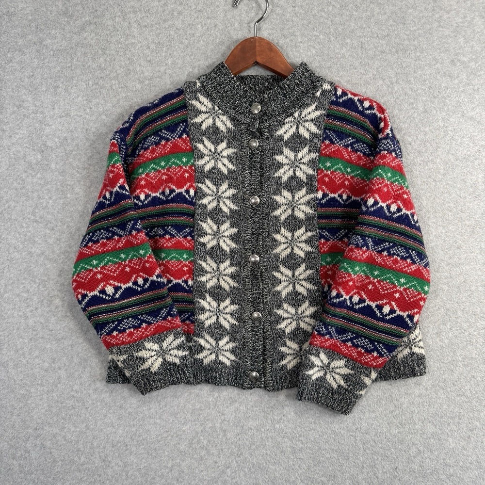Vintage Potomac Collection Petite Fair Isle Snowflake Cardigan Wool Blend